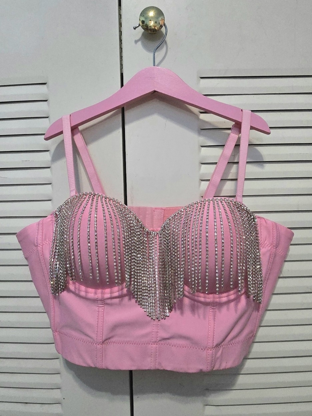Pink Rhinestone Fringe Bustier Corset Top – Size L (Fits 40C)